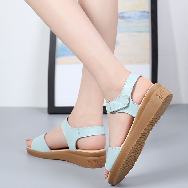 Summer Cowhide Wedge Women's Korean Fashion Velcro Beach Sandals, One-piece Mid Heeled Mom Sandals_voghion.com