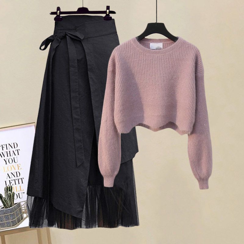 Plus Size gebreide trui en rok tweedelig set dames herfst winter outfit 2025 nieuwe losse afslankende stijl_voghion.com