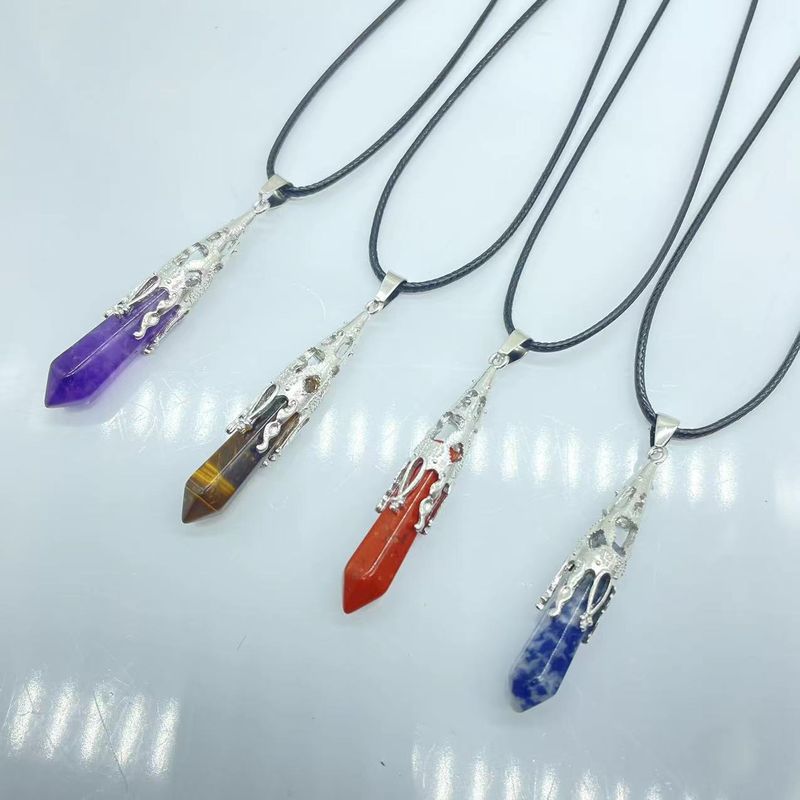 Colliers rétro bijoux cristal naturel gemme alliage pendule hexagonal Morning Glory pendentif simple pendentif collier_voghion.com