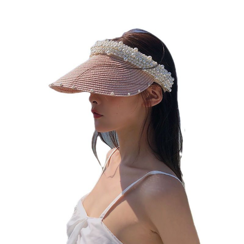 Versão coreana do novo chapéu, chapéu de praia vazio com pérolas feito à mão para mulheres no verão, chapéu com proteção solar e proteção solar para mulheres_voghion.com