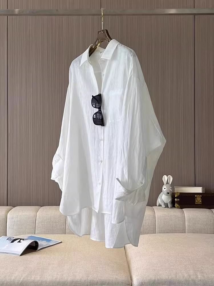 Camicia a maniche lunghe in cotone e lino per donna in estate, camicia con protezione solare, design di nicchia, in lino, capispalla francese_voghion.com
