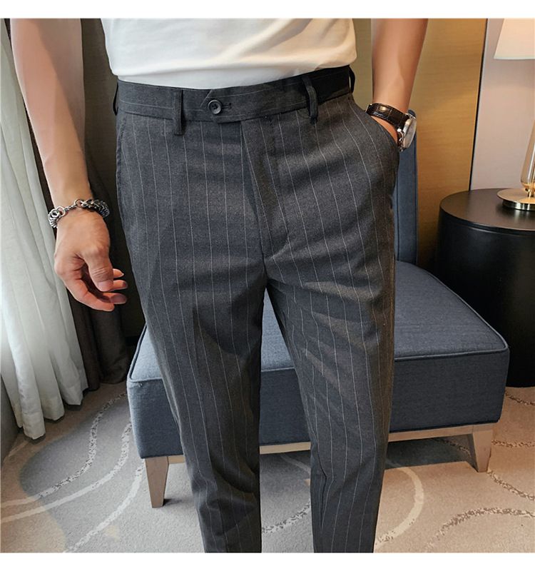 Summer thin men's slim-fitting trousers fashionable striped pants Korean version comfortable micro-elastic small foot_voghion.com