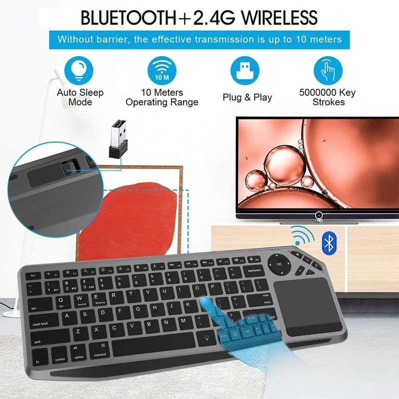 Bluetooth Wireless Keyboard with Touchpad 7-Colors Backlit 2.4g Rechargeable Trackpad Keyboard for Smart TV, IOS IPhone/IPad_voghion.com