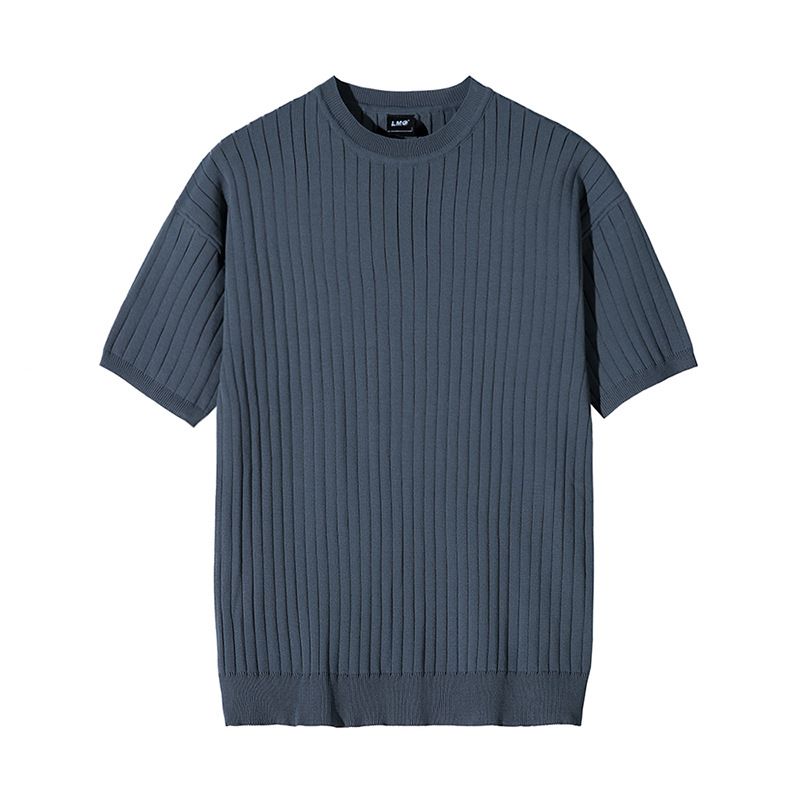 MYQ Maglietta a maniche corte a righe sottili da uomo, estiva, in stile coreano, vestibilità slim, elasticizzata, con scollo rotondo, alla moda_voghion.com