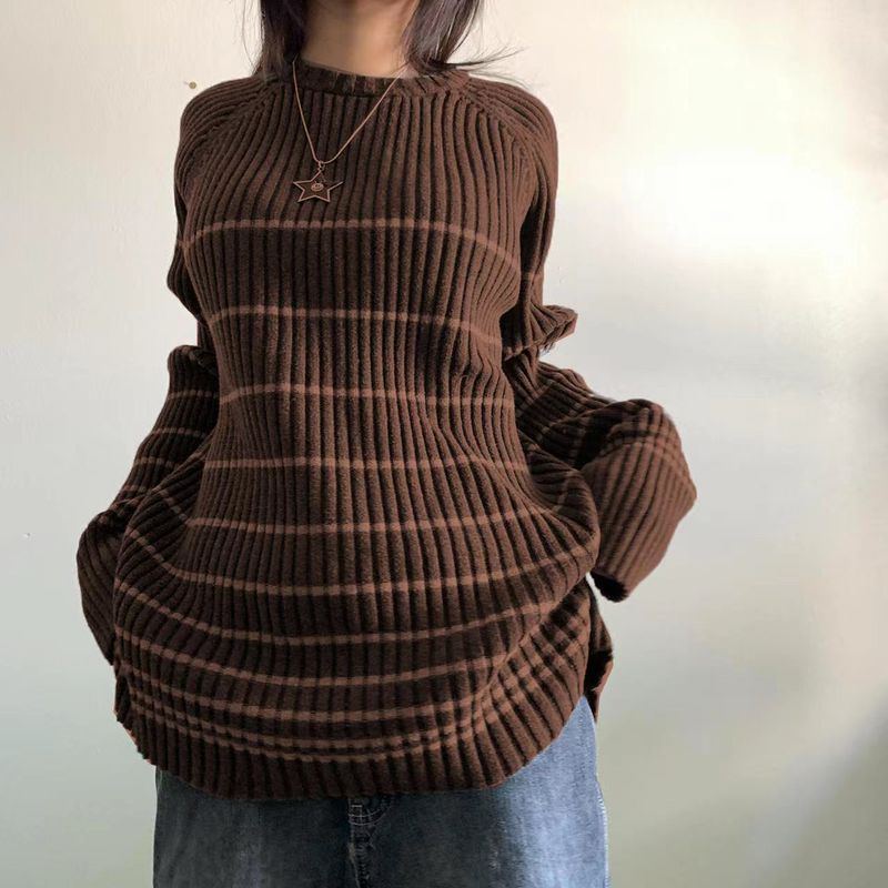 Maglione lavorato a maglia casual largo e largo da donna, a righe, a maniche lunghe, corto, autunno e inverno 2022_voghion.com