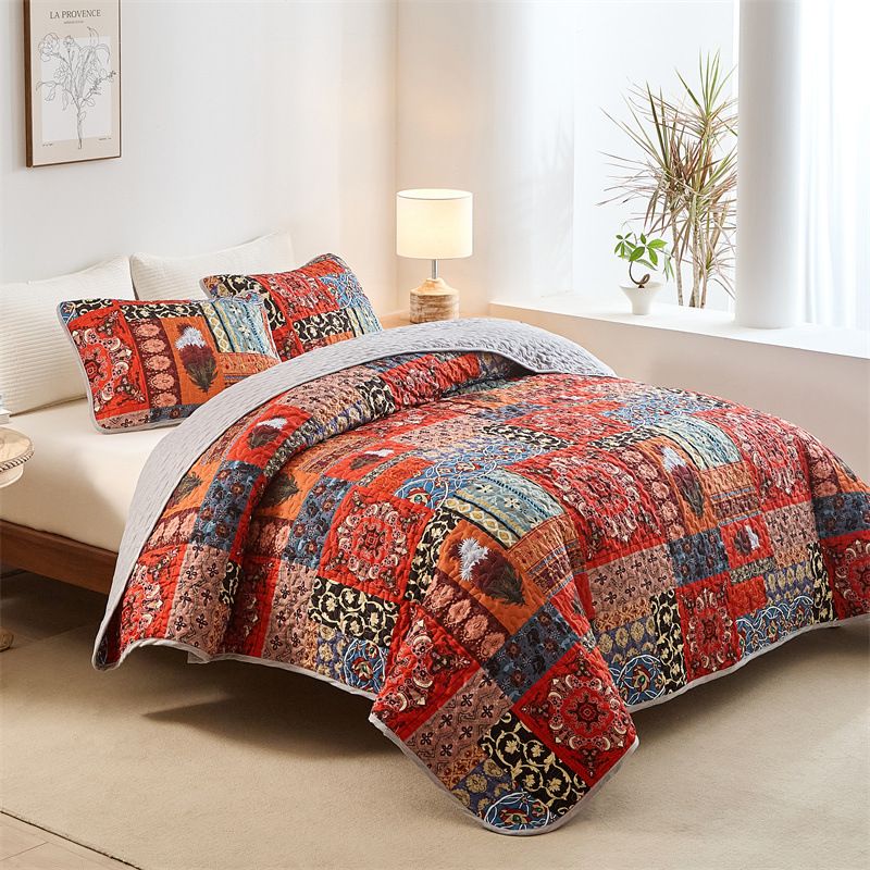 Zestaw narzut na łóżko w kwiaty w stylu boho – 3-częściowa, dwustronna poszewka na kołdrę (certyfikat OEKO-TEX®, nadruk cyfrowy) do sypialni w stylu boho i nowoczesnym stylu rustykalnym_voghion.com
