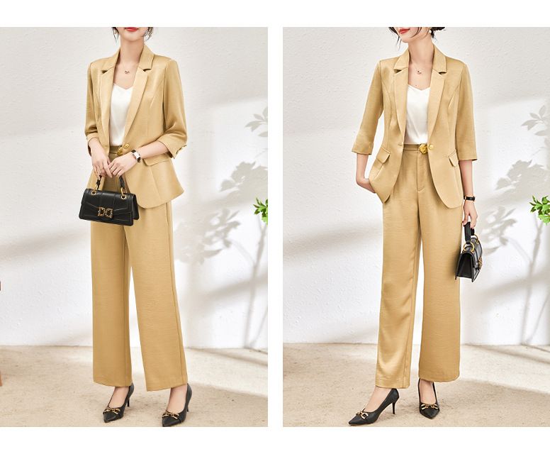 GraceChic 2401114-Spring Main Promotion Satin Wrinkled Quality Blazer + Straight-Leg Pants Two-Piece Set Elegant Commuting_voghion.com