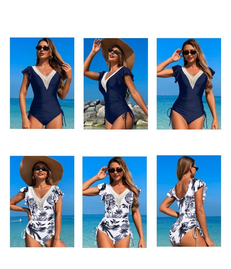 Nowy damski kostium kąpielowy z nylonu w jednolitym kolorze, jednoczęściowy, z bufiastymi rękawami_voghion.com