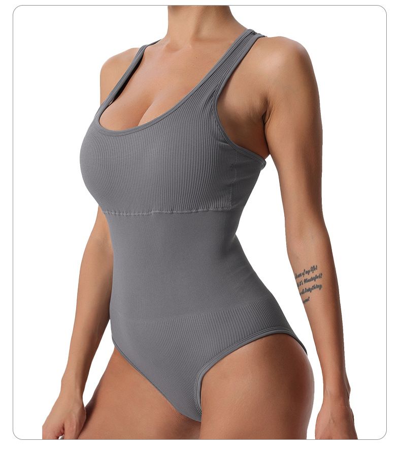 Vêtements pour femmes, une pièce tricotée sans couture, sexy, côtelée, moulante, sans manches, col carré, gilet avec coussinet de poitrine, vêtements de yoga et de fitness_voghion.com
