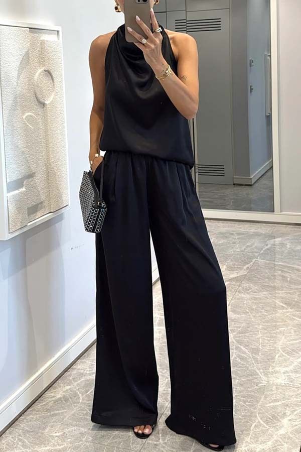Completo da donna con pantaloni larghi e senza maniche in raso - Completo casual da due pezzi per le vacanze estive e l'uso quotidiano (colori multipli)_voghion.com
