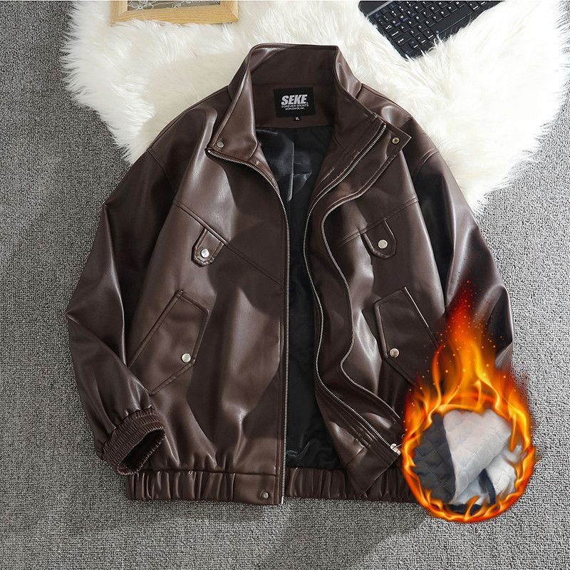 Suitable For All Seasons American Style PU Cool Handsome Flight Jacket Streetwear Motorcycle Sheepskin Pattern Coat Men Autumn Winter Trendy_voghion.com
