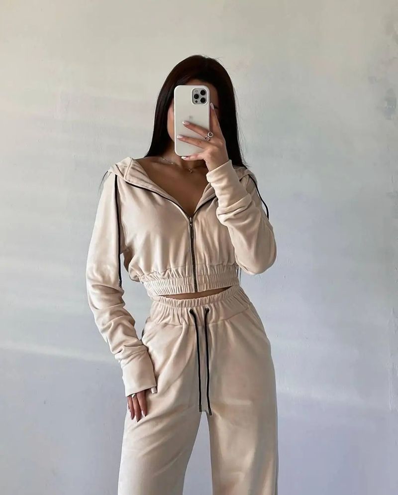 Completo da donna, tinta unita, manica lunga, con cerniera, felpa con lacci, pantaloni, set da due pezzi_voghion.com