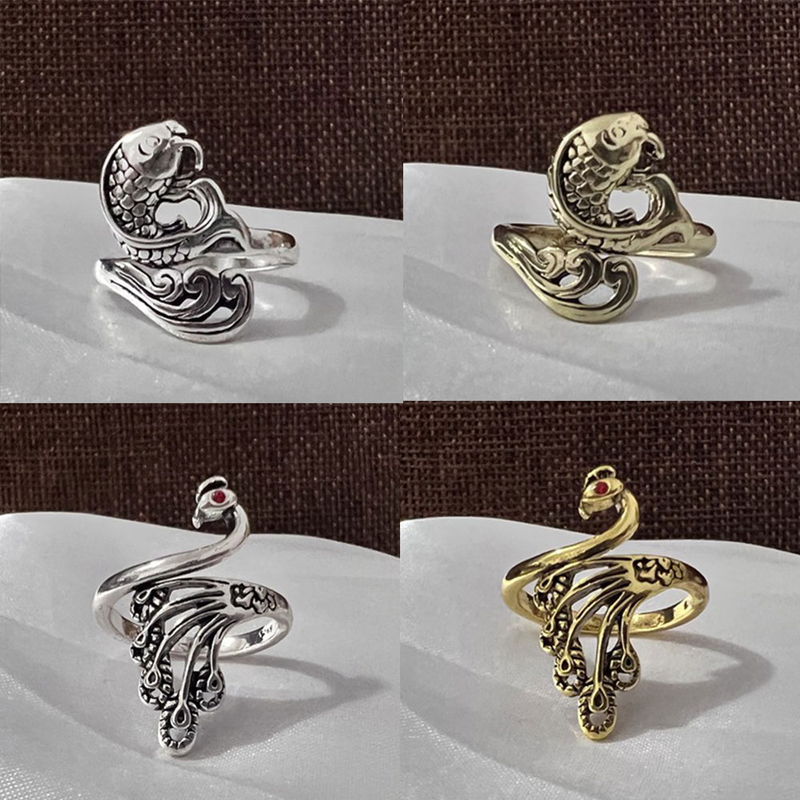 Vintage Peacock Ring Open Hook Needle Gold Carp Fish Silver Phoenix Ring_voghion.com