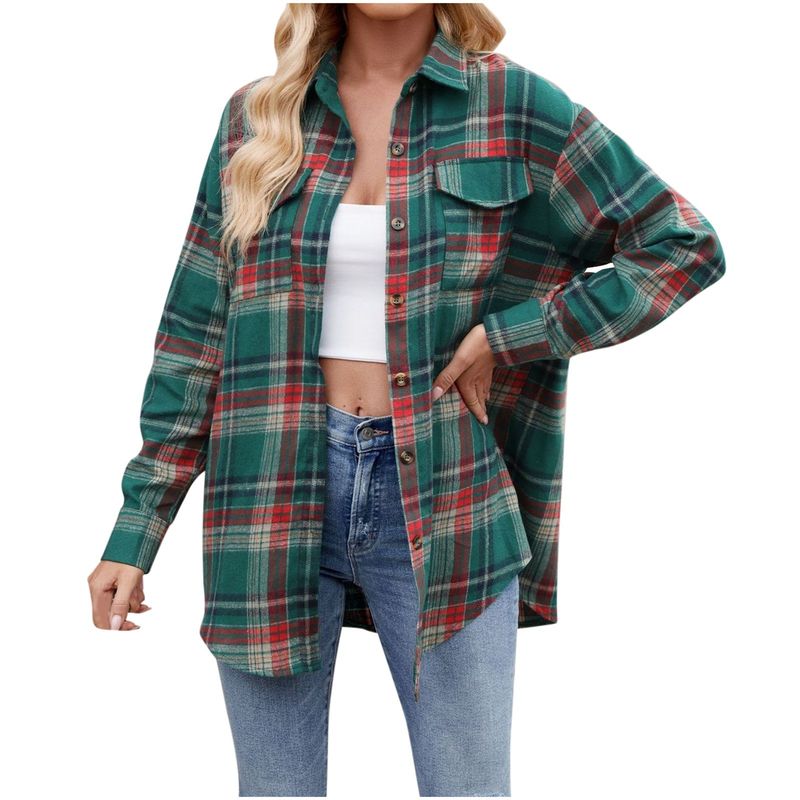Vintage Regular Length Weekend Shirt Damen Leichtes Flanell Kariertes Button Down Shirt Oversized Langarm Classic Fit_voghion.com