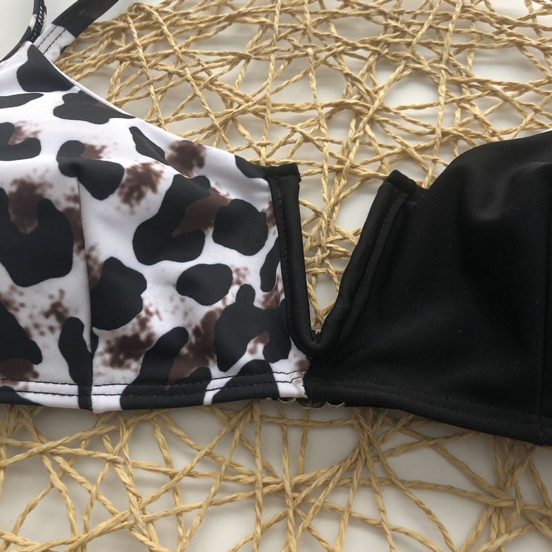 Women's black leopard print deep V steel support sexy split triangle bikini_voghion.com