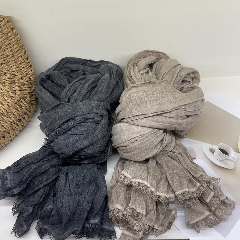 Gentle pure color lace lace scarf autumn decorative scarf women fashion everything with cotton shawl_voghion.com