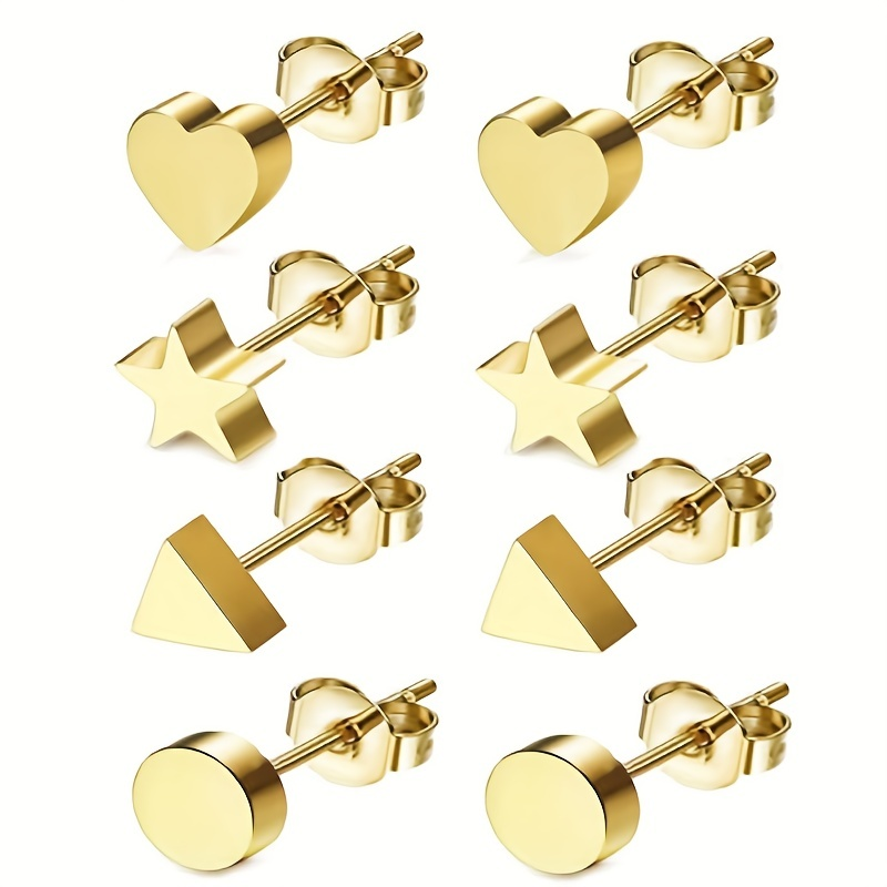 4 par/set de pendientes redondos de corazón triangular de acero inoxidable para mujeres y hombres, moda Punk Hiphop, pendientes geométricos, accesorios de joyería, regalos_voghion.com