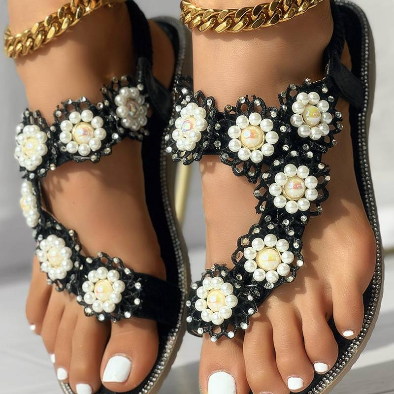 Damenschuhe Sandalen im neuen Stil, flache Sandalen mit Blumenperle, Dekoration aus Gummiband_voghion.com
