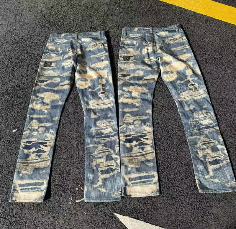 Herrjeans i vintage-modell med tvätt - digitaltryckta vida ben | Retro raka bootcutbyxor_voghion.com