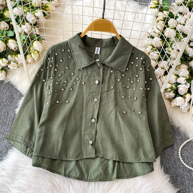 Luxe blouse met versieringen voor dames, statement revers, top met halflange mouwen, 8 levendige kleuren (zwart/groen/rood/meer) voor op kantoor en een avondje uit_voghion.com