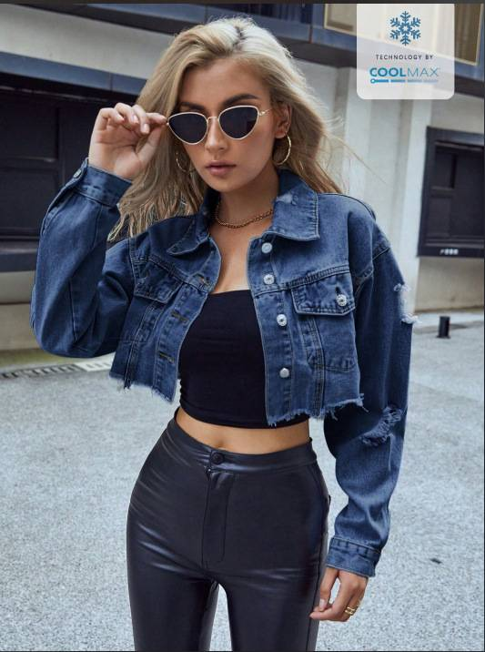 Damenbekleidung Jeansjacke Kurzarm Casual Streetwear Fashion Cropped Jacke für Damen (XS/S/M/L, Dunkelblau)_voghion.com