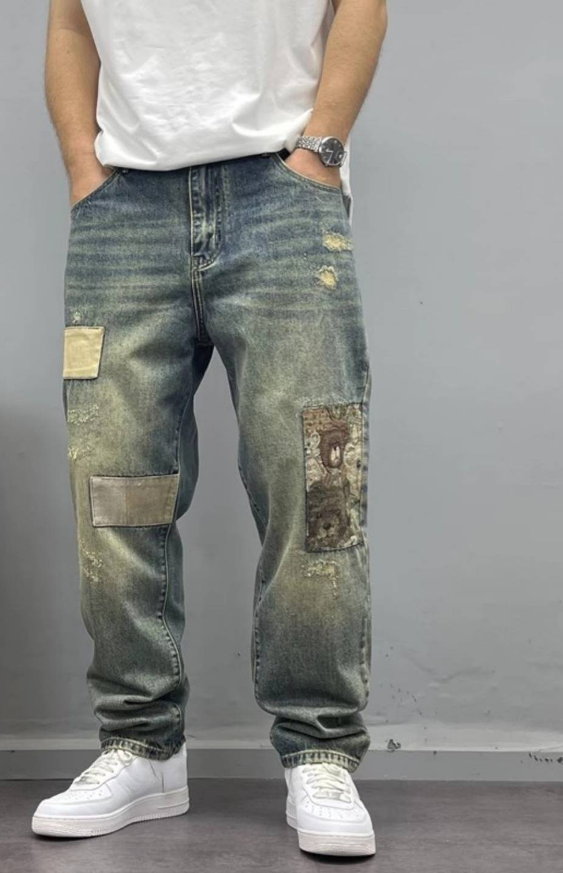 Vintage Washed Distressed Jeans für Herren – Relaxed Tapered Fit mit Patchwork und offenem Saum (Blau, 28-36)_voghion.com