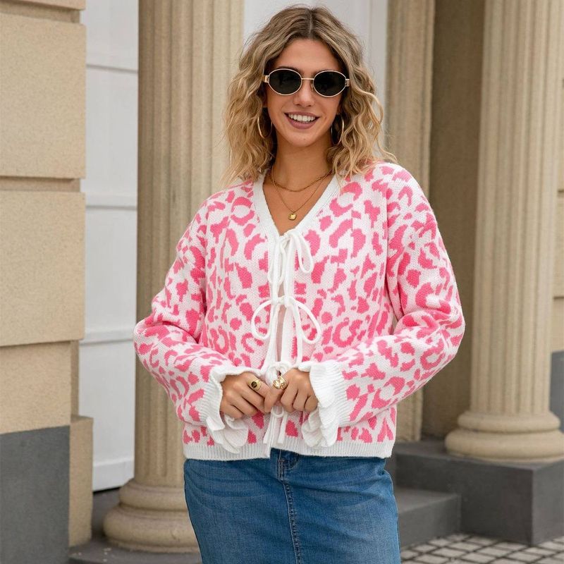 Häkel-Cardigan mit Leopardenmuster und Bindeband vorne – Kurzes ärmelloses Strickoberteil für Damen (S–XL, 4 Farben, Polyestermischung, Boho-Chic-Winterkleidung)_voghion.com