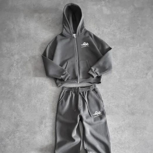 Damenbekleidung, Herren- und Damen-Trendiges Kapuzen-Zip-Jacket mit passender Jogginghose - Streetwear mit 2D-Print (Stahlgrau/Marineblau)_voghion.com