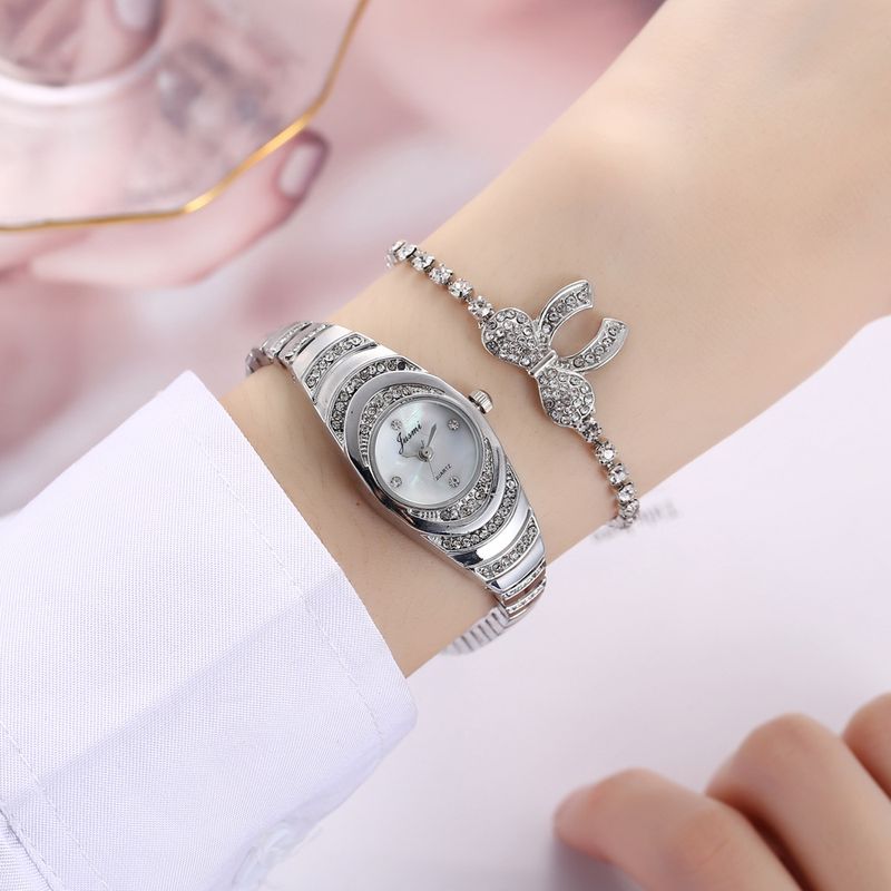 Diamond studded small dial thin strap personalized trendy steel strap quartz watch + bracelet (2pcs/set)_voghion.com