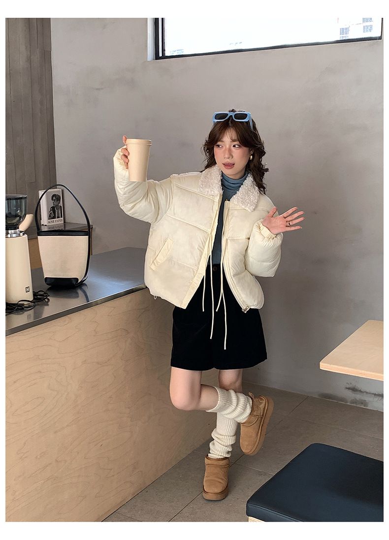 Cropped Sherpa-Lined Puffer Jacket – Korean Streetwear Belted Coat (4 Soft-Toned Colors, Lightweight Quilted Polyester)_voghion.com