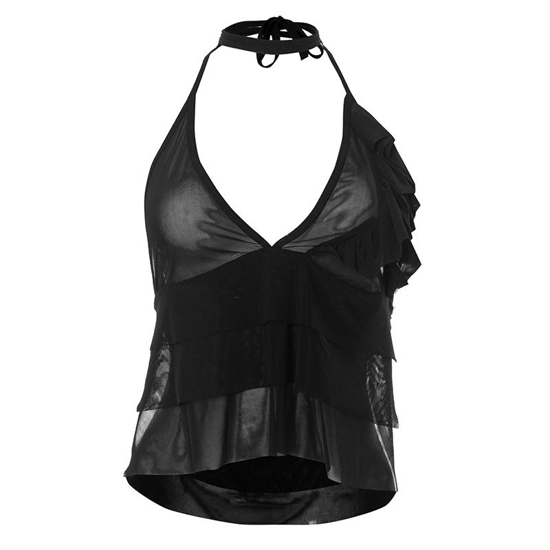 Q23TP310 Top corto sexy de malla negra con borde de madera para colgar el cuello y la parte superior del verano_voghion.com