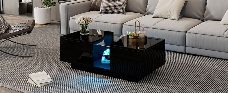 Table basse moderne à LED avec 2 tiroirs, 100 x 50 x 35 cm, plateau en acrylique noir brillant avec éclairage LED, table d'appoint en MDF pour salon et chambre._voghion.com