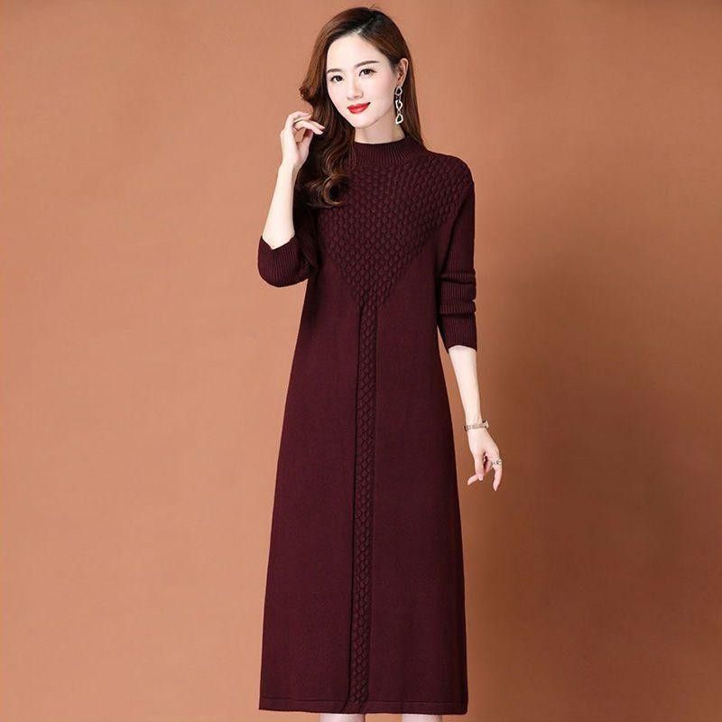 2025 herbst Winter Neue Große Größe Lose Elegante Gestrickte Für Frauen Dicke Über-die-Knie Lange Kleid_voghion.com