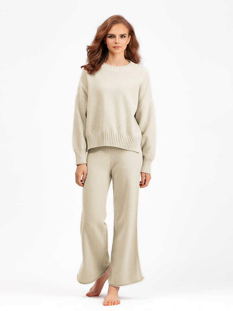 Dammekleeder Hierscht a Wanter nei Moud Casual Strickkostüm Hosen Dammenversioun locker Pullover Breetbeen Hosen Hosen Zwee-Stéck Set_voghion.com