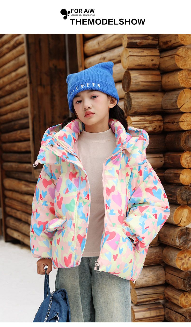 Piumino corto da bambina – Piumino con cappuccio in stile coreano con 55% piume d'anatra bianche (110-160 cm) – Nero/Rosa_voghion.com