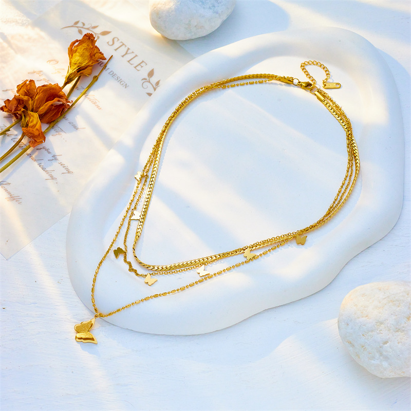 Fashion Light Luxury Necklace, High-end Simple Niche Design, Multi-layer Titanium Steel Stacked Chain, Smooth Butterfly Pendant Necklace_voghion.com