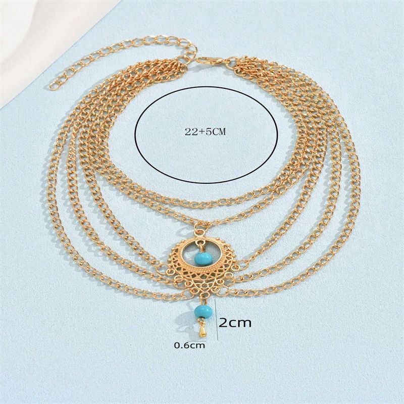 Bohemian Ethnic Style Turquoise Tassel Geometric Hollow Exaggerated Beach Anklet_voghion.com