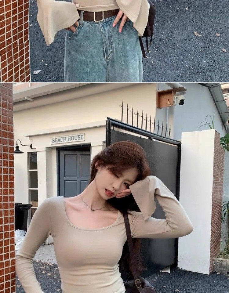 Ragazza 2024 Nuova camicia svasata slim fit da donna autunno inverno, maglietta intima sexy con scollo a U, top a maniche lunghe_voghion.com