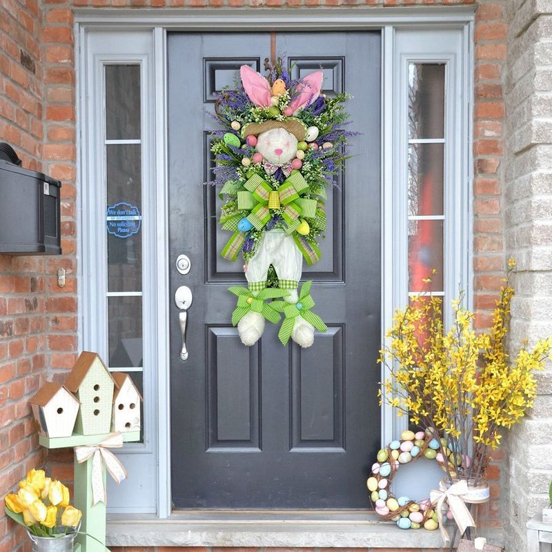 Easter Rabbit Decorative Wreath Pendant Easter Cartoon Theme Simulated Plant Door Hanging Decoration_voghion.com