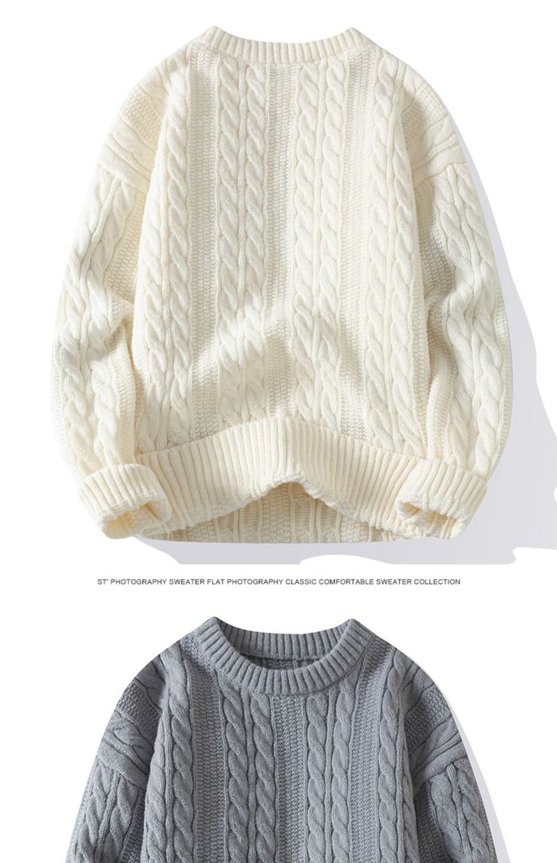 Pull en maille torsadée pour homme - Coupe oversize, 100 % polyester, col rond (blanc/noir/gris/marron)_voghion.com