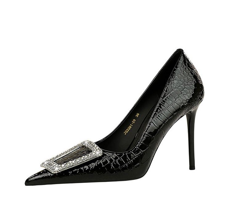 3391-K28 Korean Women's Slim Ultra High Heels Shallow Mouth Sharp Toe Lacquer Skin Snake Pattern Water Diamond Buckle_voghion.com