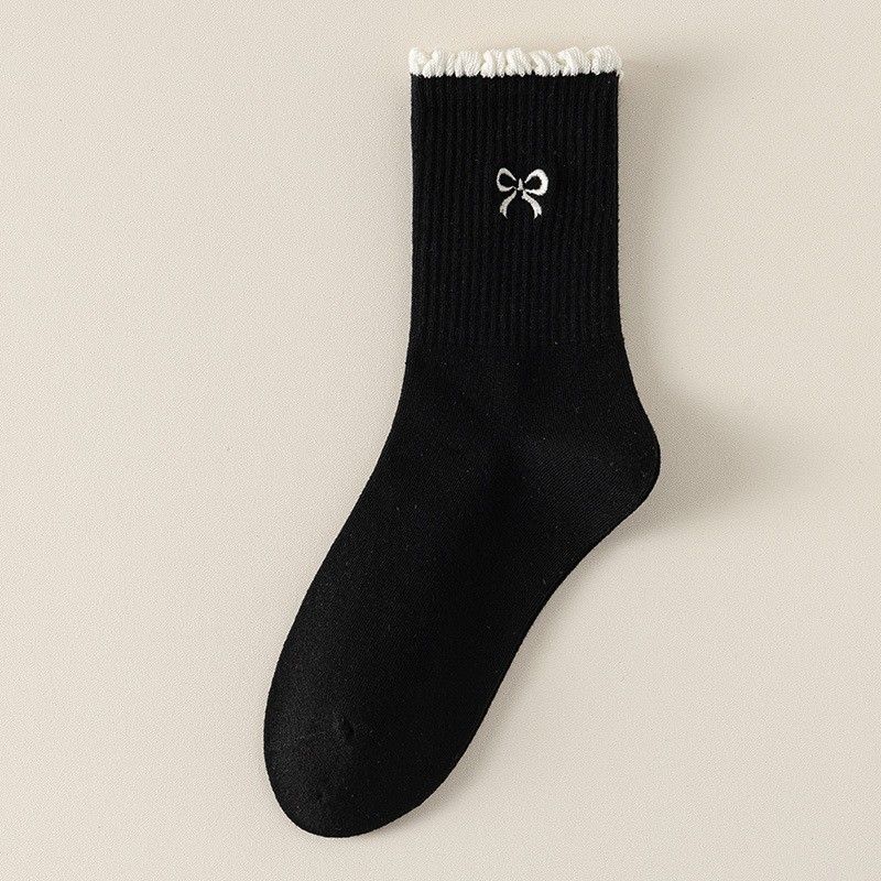 Damen-Socken, mittellang, Herbst/Winter, Trendig, Grau, Vielseitig, Rüschenrand, Flor, Polka-Dots, Schleife, Lange Socken, Vielseitig, Lang, Herbst/Winter, Style Ins Trend, Grau, Gerüscht, Rand, Flor, Polka-Dots, Schleife, Lange Socken_voghion.com