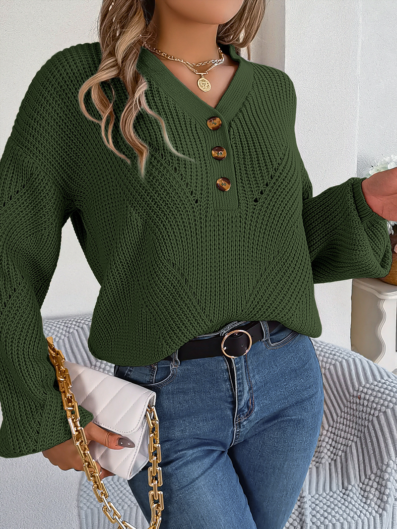 Maglione da donna con scollo a V e maniche a lanterna cava, maglione oversize, top casual in maglia tinta unita_voghion.com