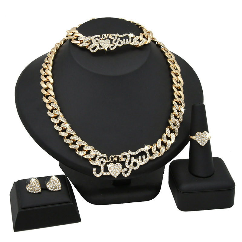 Guld hjärta smycken set brud smycken halsband ring örhängen armband grossist_voghion.com