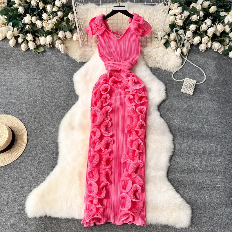 Damenbekleidung High-End-Kleid High-End-Licht Luxus Nische plissiert dreidimensionale Rüschen schlank lange Temperament Kleid für Frauen_voghion.com