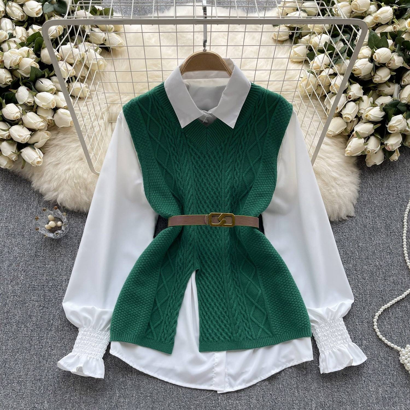 Abbigliamento da donna Temperamento Moda Completo Donna Casuale Largo Maniche Lunghe Camicia + Vita Scollo a V Senza Maniche Maglia Gilet Due Pezzi Completo_voghion.com