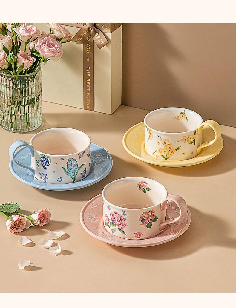 Originalt blomstermønster keramisk kaffekop kontor hjem eftermiddagste kaffekop og underkop sæt_voghion.com