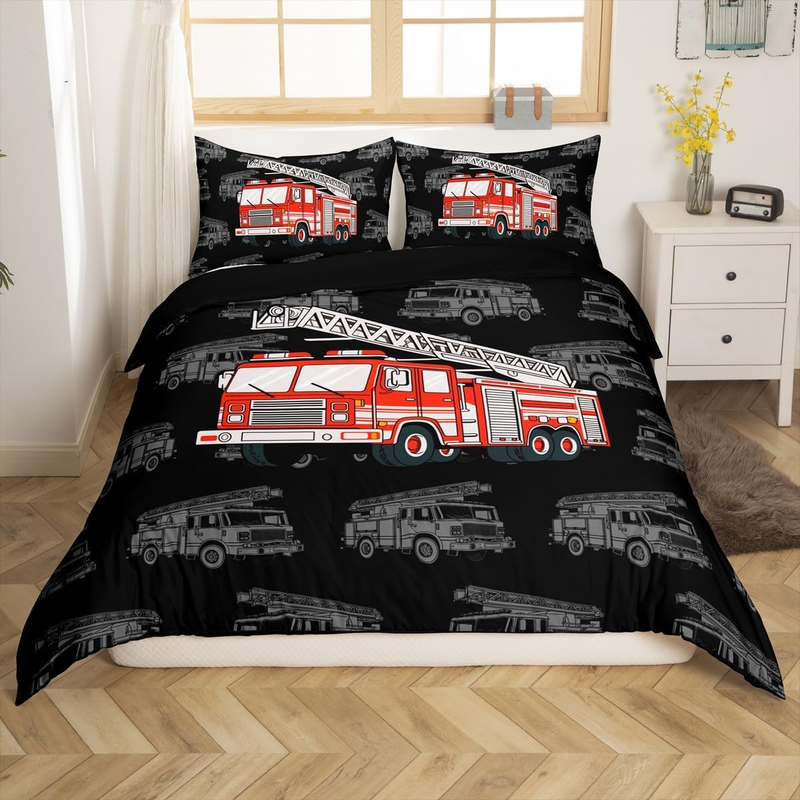 Juego de funda nórdica de camión de bomberos para cuna de niños y adolescentes, juego de cama con diseño de coche de bomberos y 2 fundas de almohada._voghion.com