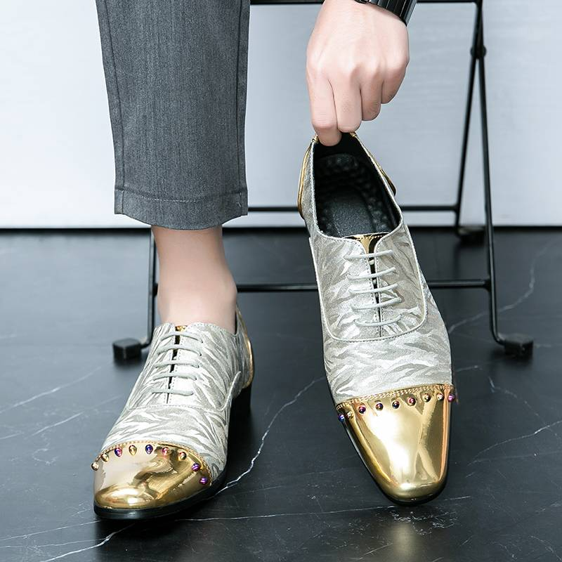 Men's New Style Gold Color Patent Leather Glossy Business Formal Wear Men's Shoes Casual Banquet Dress Men's Shoes Lace-up Banquet Dress Dance Shoes_voghion.com