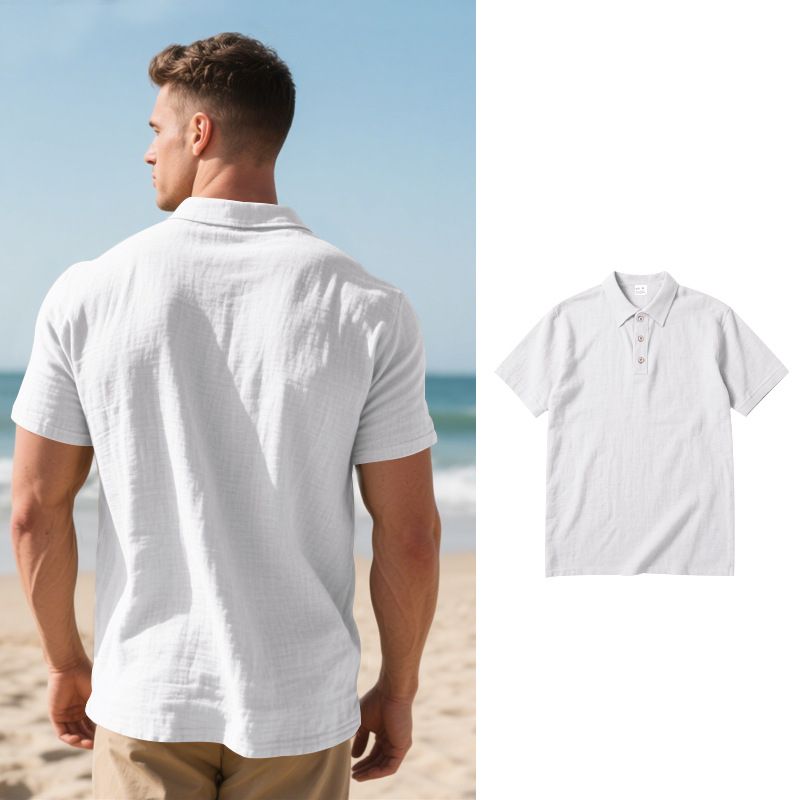 2025 Sommer Herren British Style Casual Button Loose Leinen Turn-Down-Kragen Polo Kurzarmhemd für Männer_voghion.com